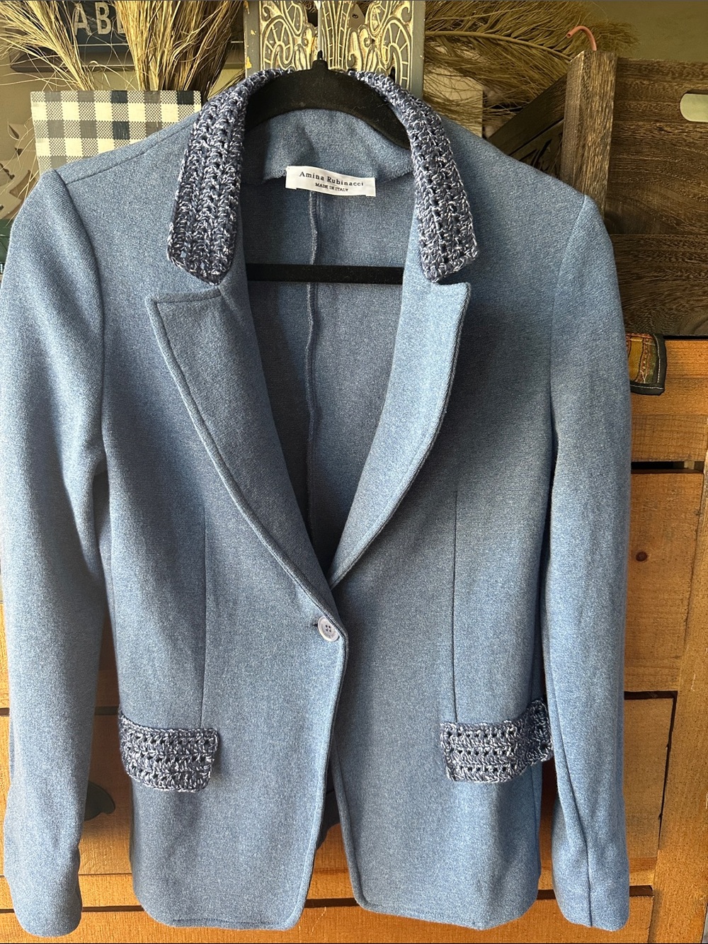 Amina Rubinacci Blue Wool Blend Blazer with Crochet Trim
